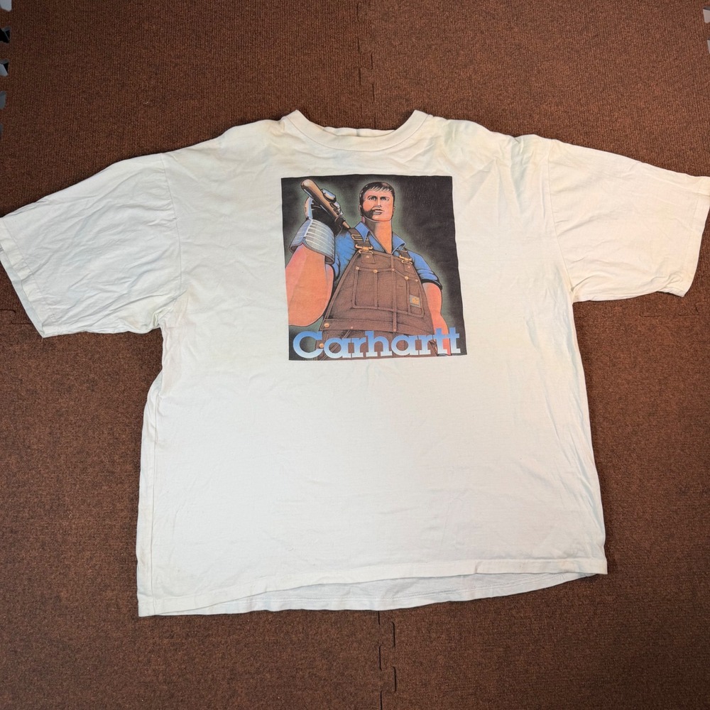 Carhartt Graphic T-Shirt Mens Anime Style Overalls Illustration White Cream Rare